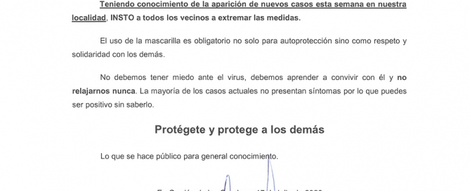 Bando Municipal - higiene de manos, distancia de seguridad y uso de mascarillas.