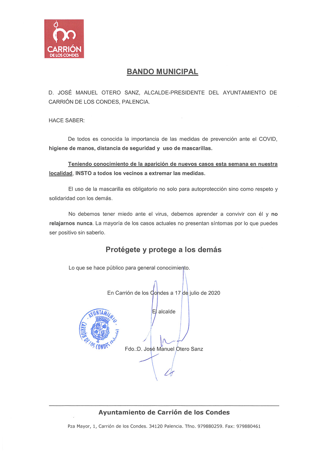 Bando Municipal - higiene de manos, distancia de seguridad y uso de mascarillas.