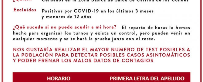 Reparto de horas y apellidos para el CRIBADO GENERAL mediante pruebas COVID-19