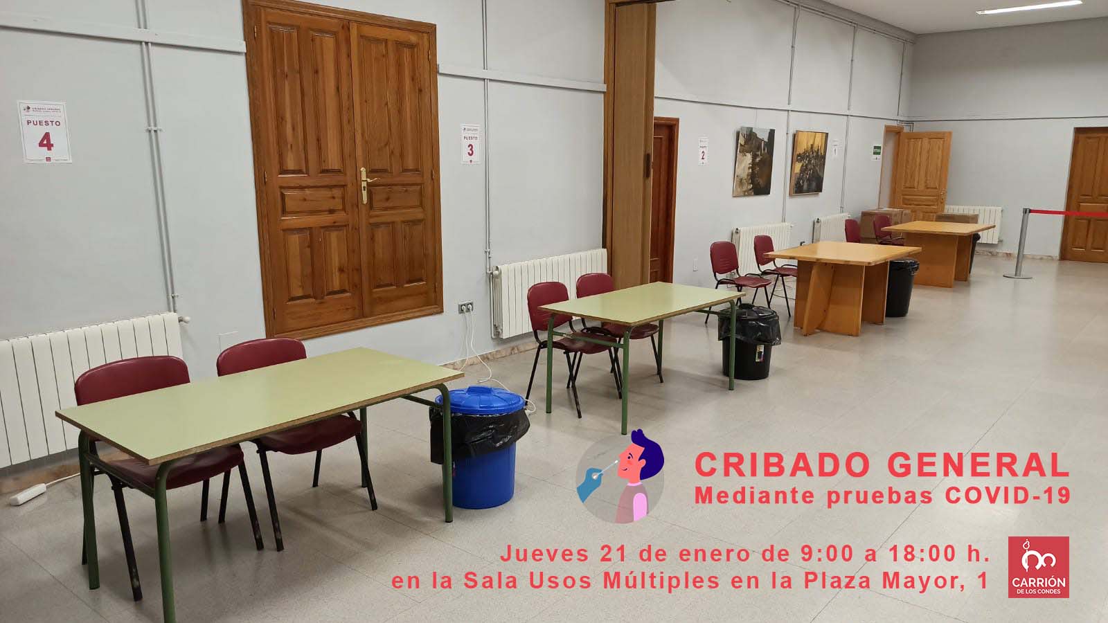 Ya tenemos todo preparado para el CRIBADO GENERAL mediante pruebas COVID-19 en la Zona Básica de Salud de Carrión de los Condes. Contamos con 6 puestos para la realización de las pruebas.