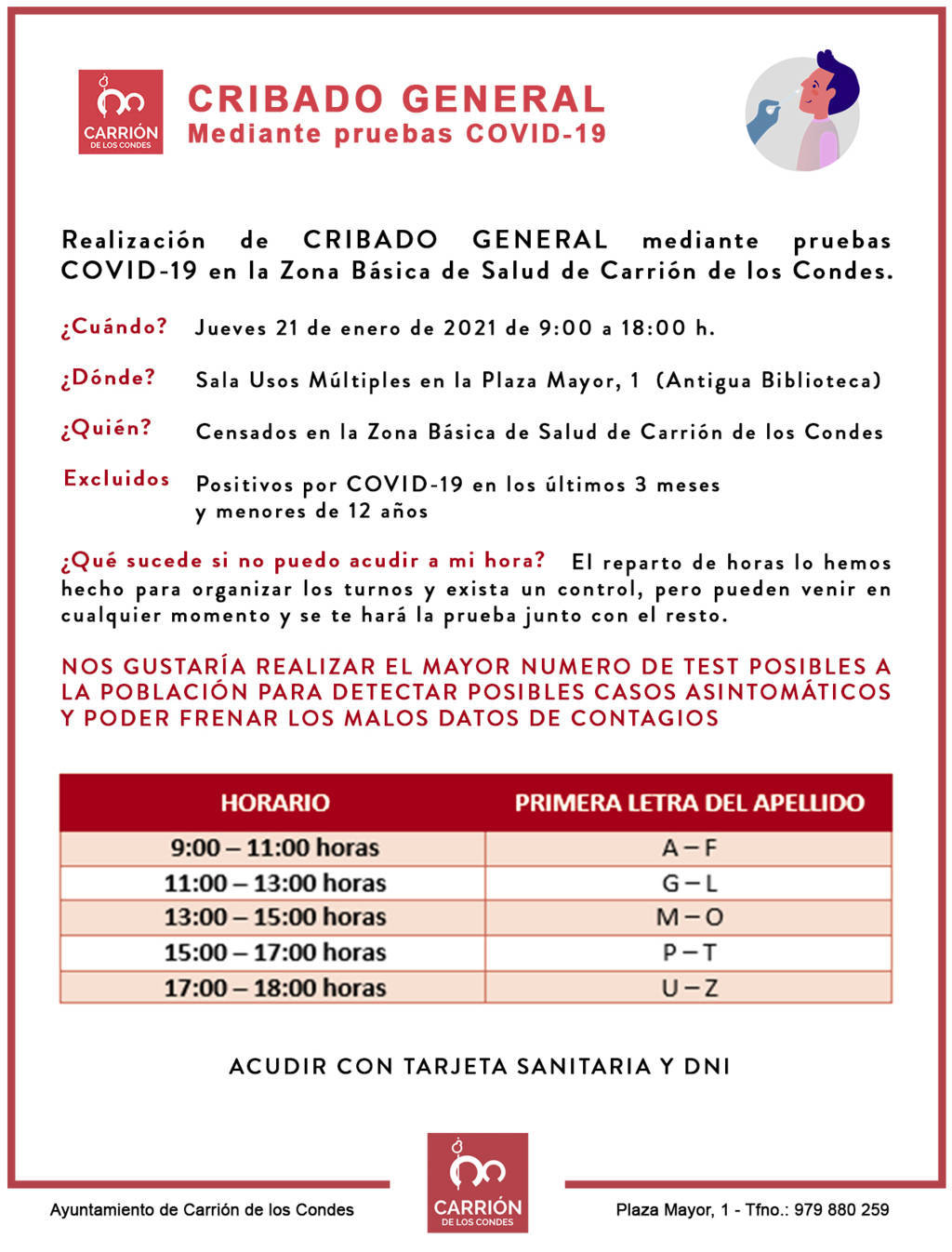 Reparto de horas y apellidos para el CRIBADO GENERAL mediante pruebas COVID-19