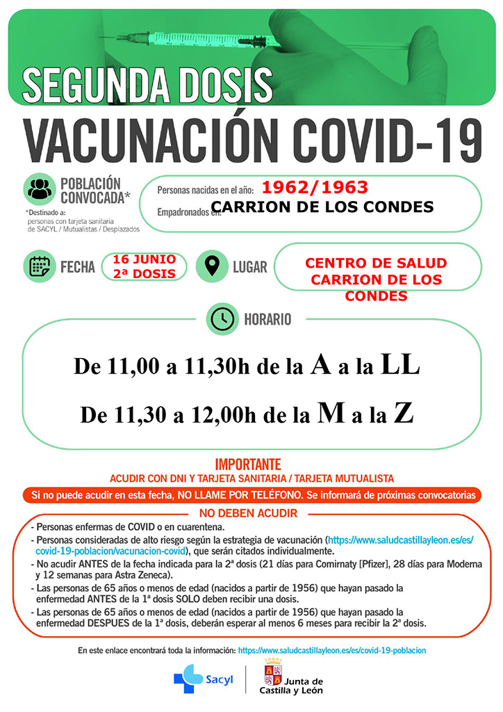 2ª dosis a nacidos en 1962 / 1963