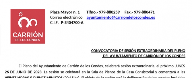 CONVOCATORIA DE SESIÓN EXTRAORDINARIA DEL PLENO DEL AYUNTAMIENTO DE CARRIÓN DE LOS CONDES
