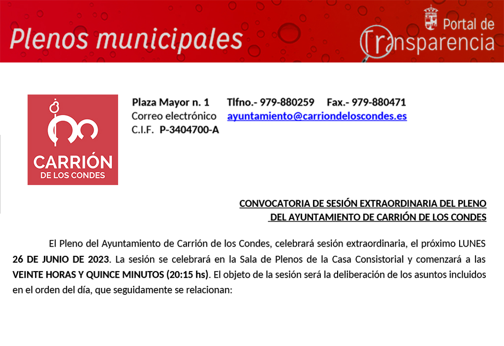CONVOCATORIA DE SESIÓN EXTRAORDINARIA DEL PLENO DEL AYUNTAMIENTO DE CARRIÓN DE LOS CONDES