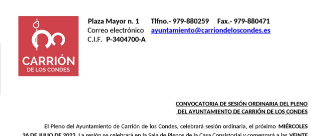 CONVOCATORIA DE SESIÓN ORDINARIA DEL PLENO DEL AYUNTAMIENTO DE CARRIÓN DE LOS CONDES