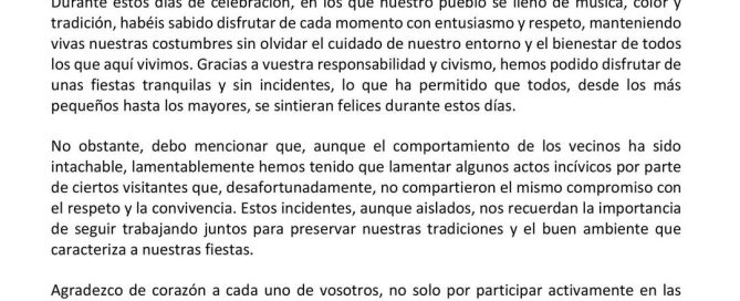 Agradecimiento nuevamente por el ejemplar comportamiento en las Fiestas Patronales de San Zoilo 2024