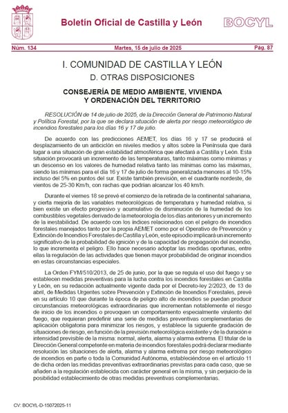 ALERTA POR RIESGO DE INCENDIOS FORESTALES - 16 Y 17 DE JULIO