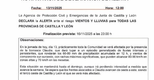 NOTIFICACIÓN DE DECLARACIÓN DE ALERTA POR RIESGO DE VIENTOS Y LLUVIAS.