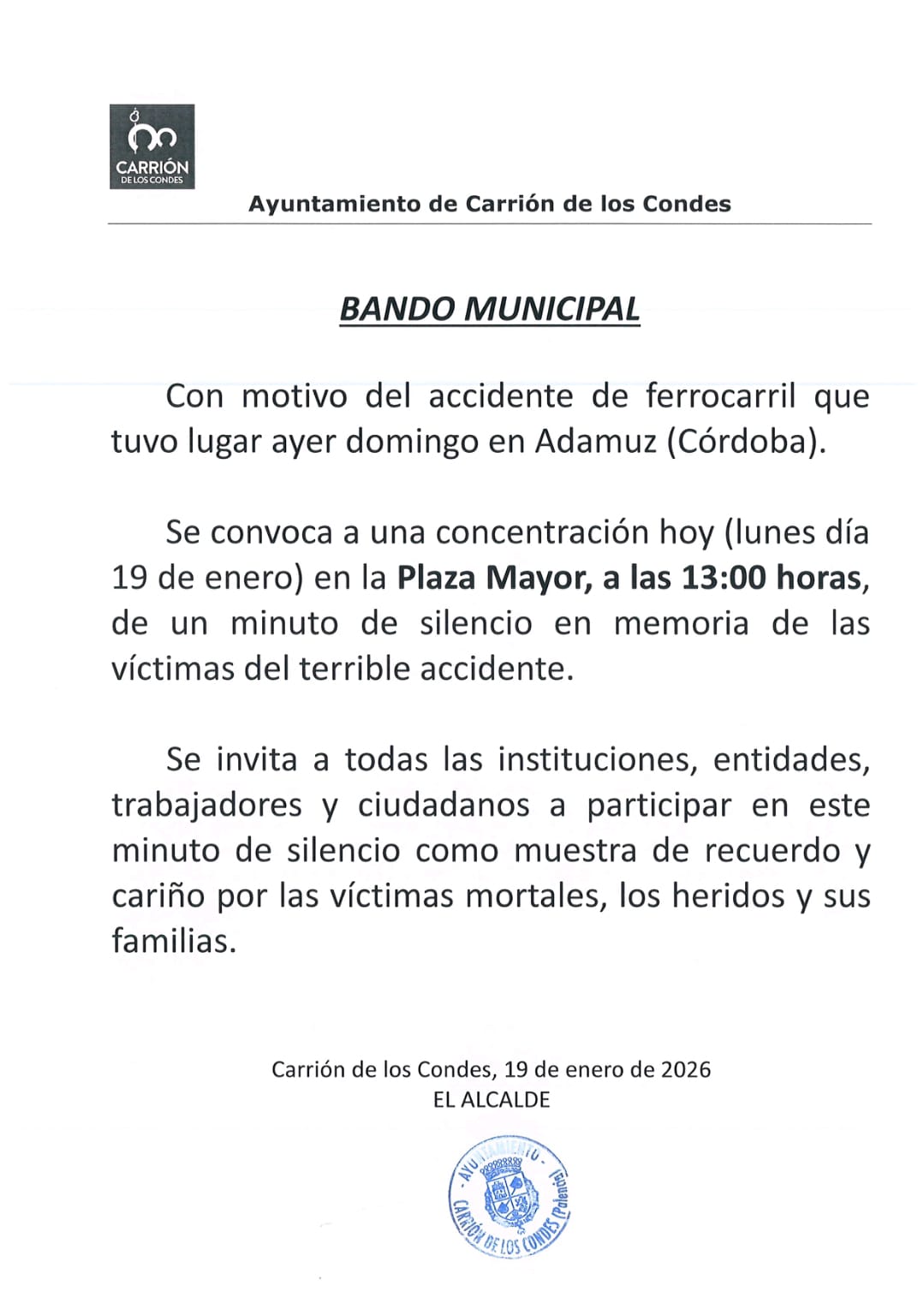 Minuto de silencio por las víctimas del accidente ferroviario en Adamuz